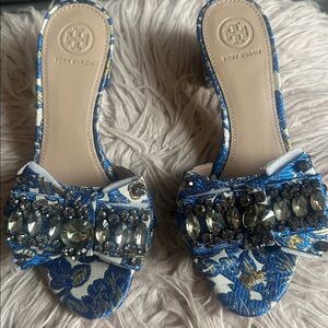 Tory Burch Blue and Gold Floral Sandals